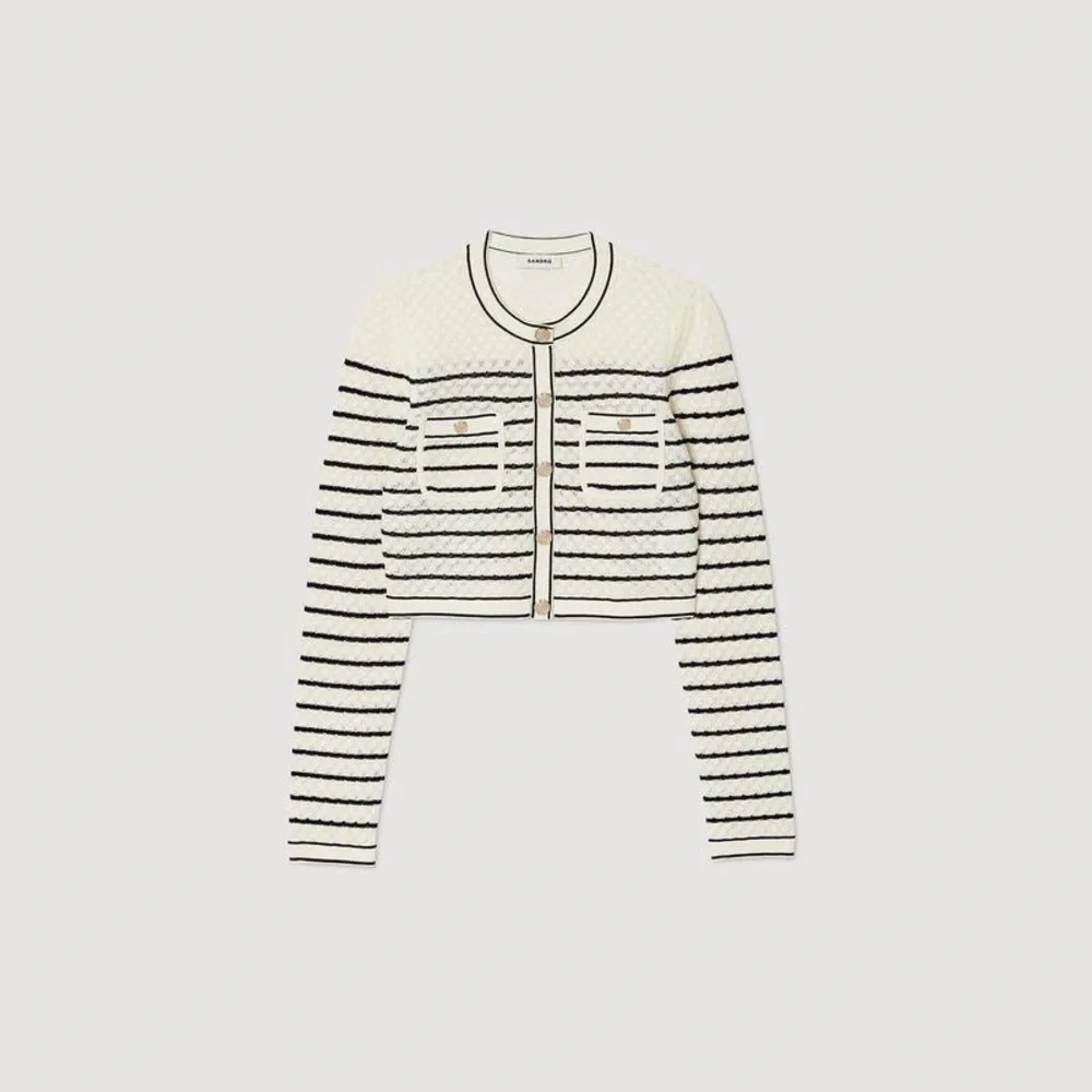 SANDRO Cropped White and Black Striped Cardigan Gold Hardware Buttons Sz 2 = Med
